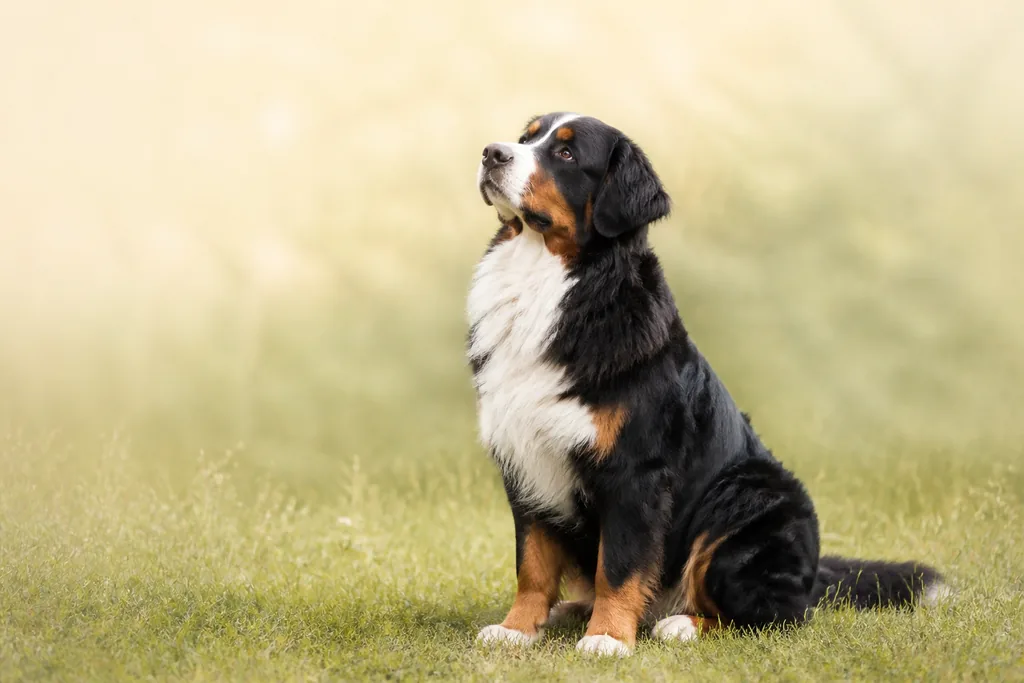 Bernese Mountain Dog sitting in grass and looking upward