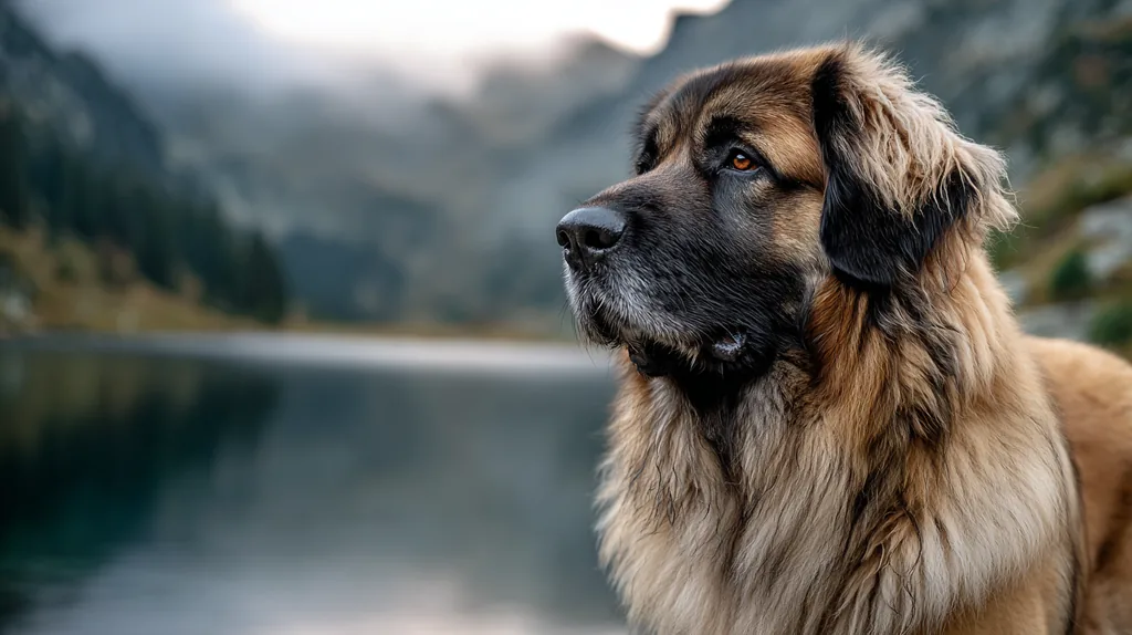 Illustrated Leonberger standing in a mountainous landscape