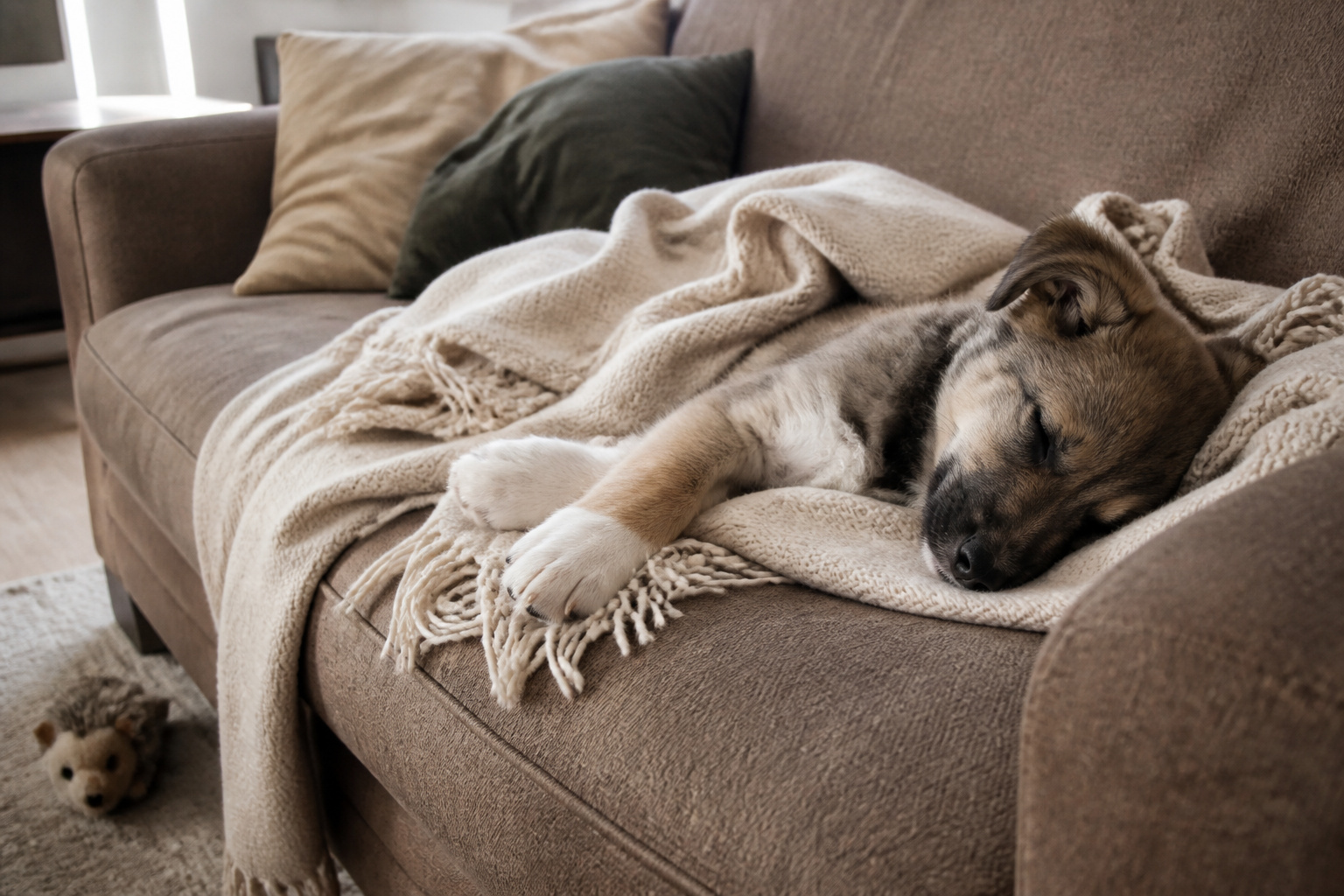 A young puppy asleep on a rumpled blanket on a living room sofa