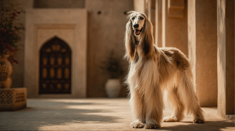 Afghan Hound dog standing in a luxurious desert palace courtyard, long flowing cream coat