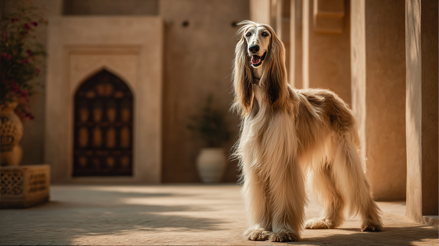 Afghan Hound dog standing in a luxurious desert palace courtyard, long flowing cream coat