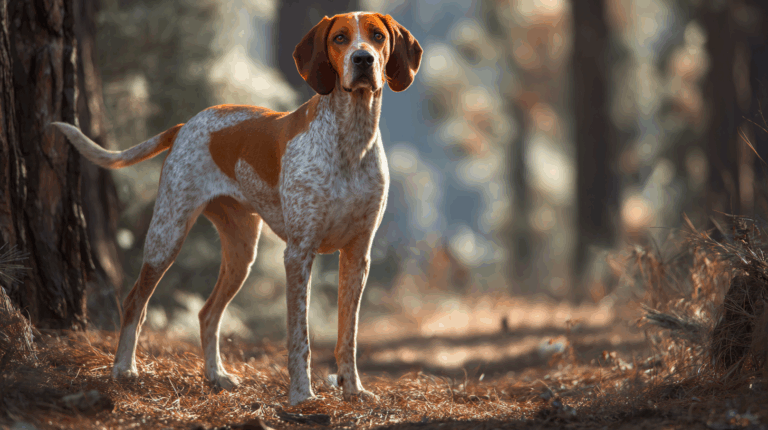 American English Coonhound in a wooded clearing, red and white coat, athletic stance