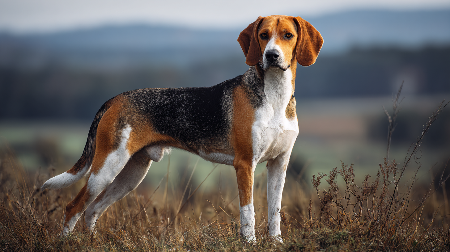 American Foxhound dog in a wide grassy countryside field, tricolor coat, strong hunting stance