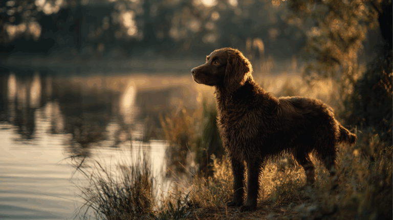 American Water Spaniel standing beside a calm lake at sunrise, wavy brown coat