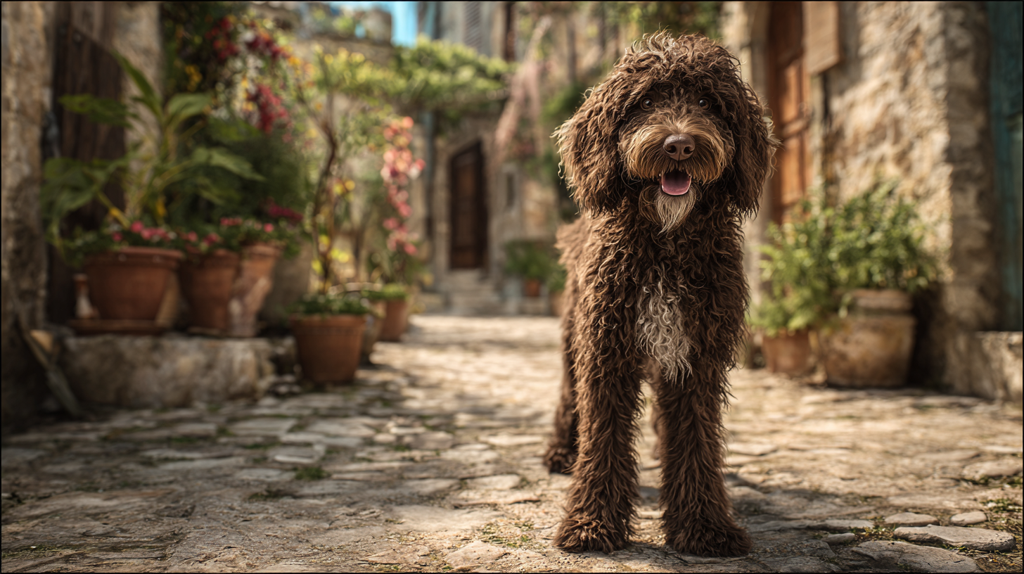Barbet dog standing in a French riverside village, curly brown coat
