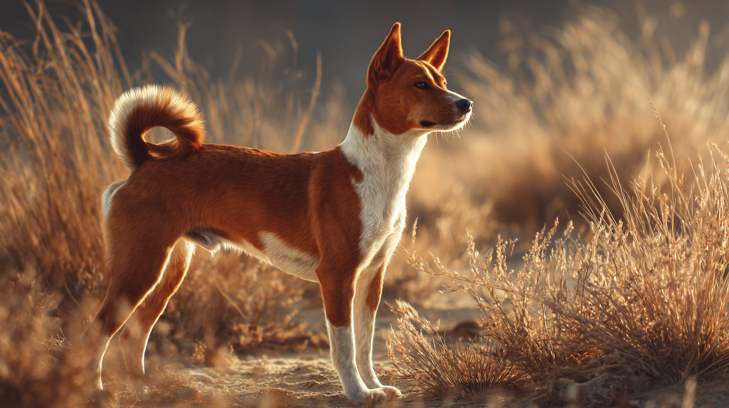 Basenji dog standing in a warm savannah-style landscape, short red and white coat, curled tail