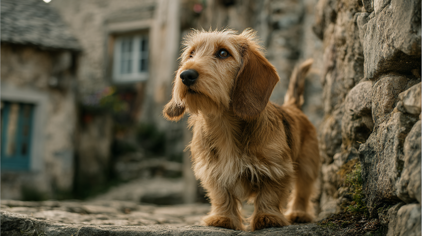 Basset Fauve de Bretagne dog standing near an old stone village in Brittany, short rough fawn coat