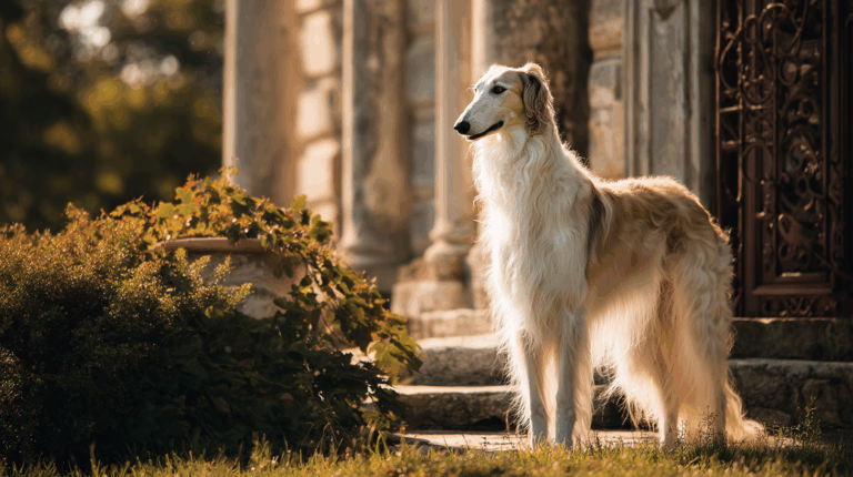 Borzoi dog standing near an ornate old estate garden, long flowing cream coat