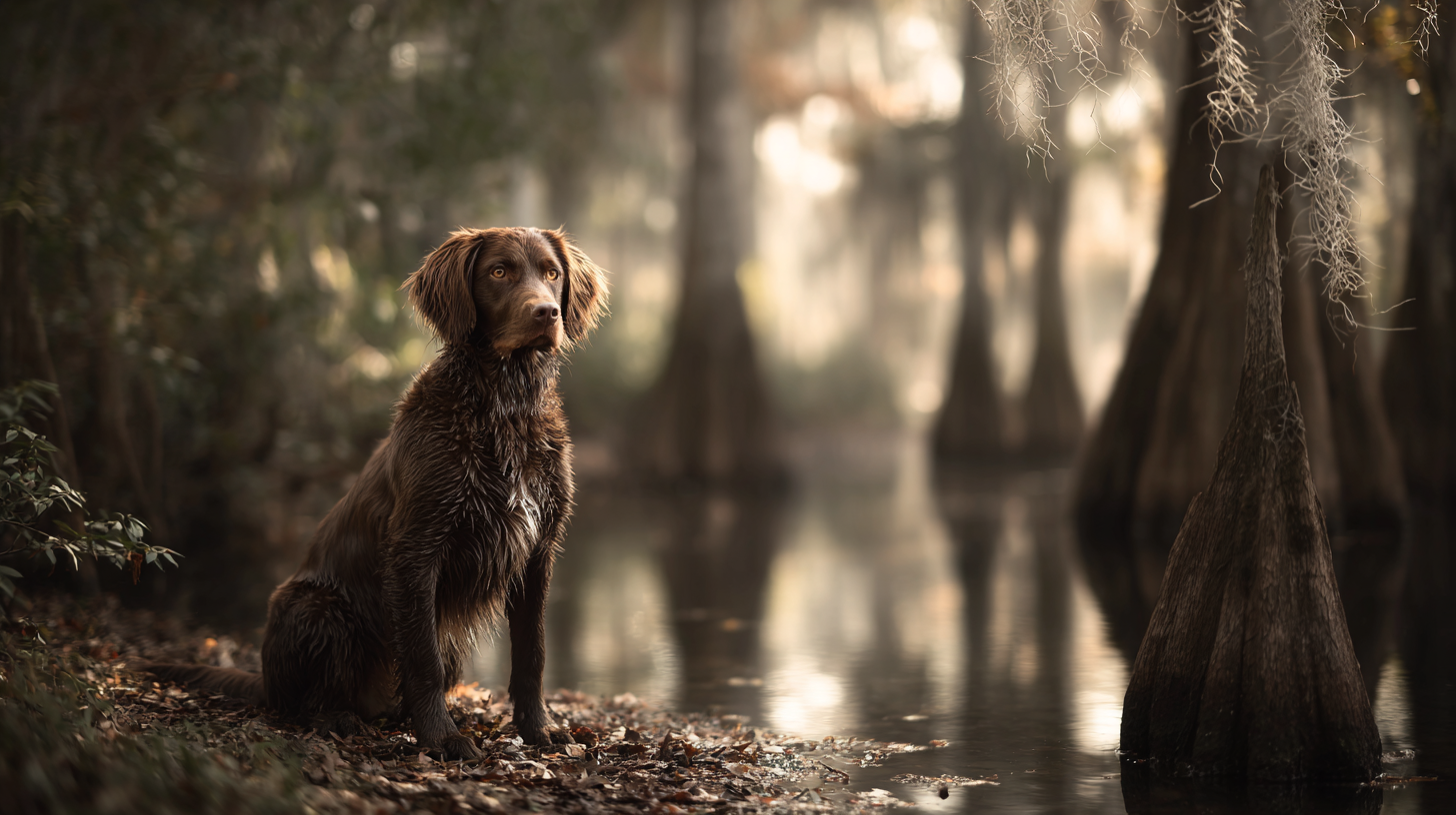 Boykin Spaniel sitting in a cypress swamp, chocolate brown