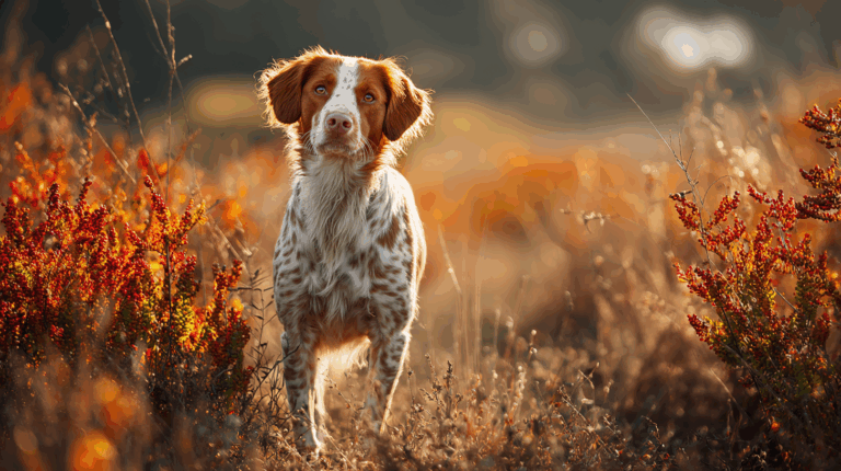Brittany dog standing in a colorful autumn field