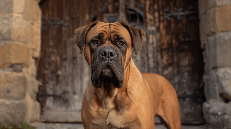 Bullmastiff dog standing in front of an old stone estate gate, broad chest, short red fawn coat, powerful stance