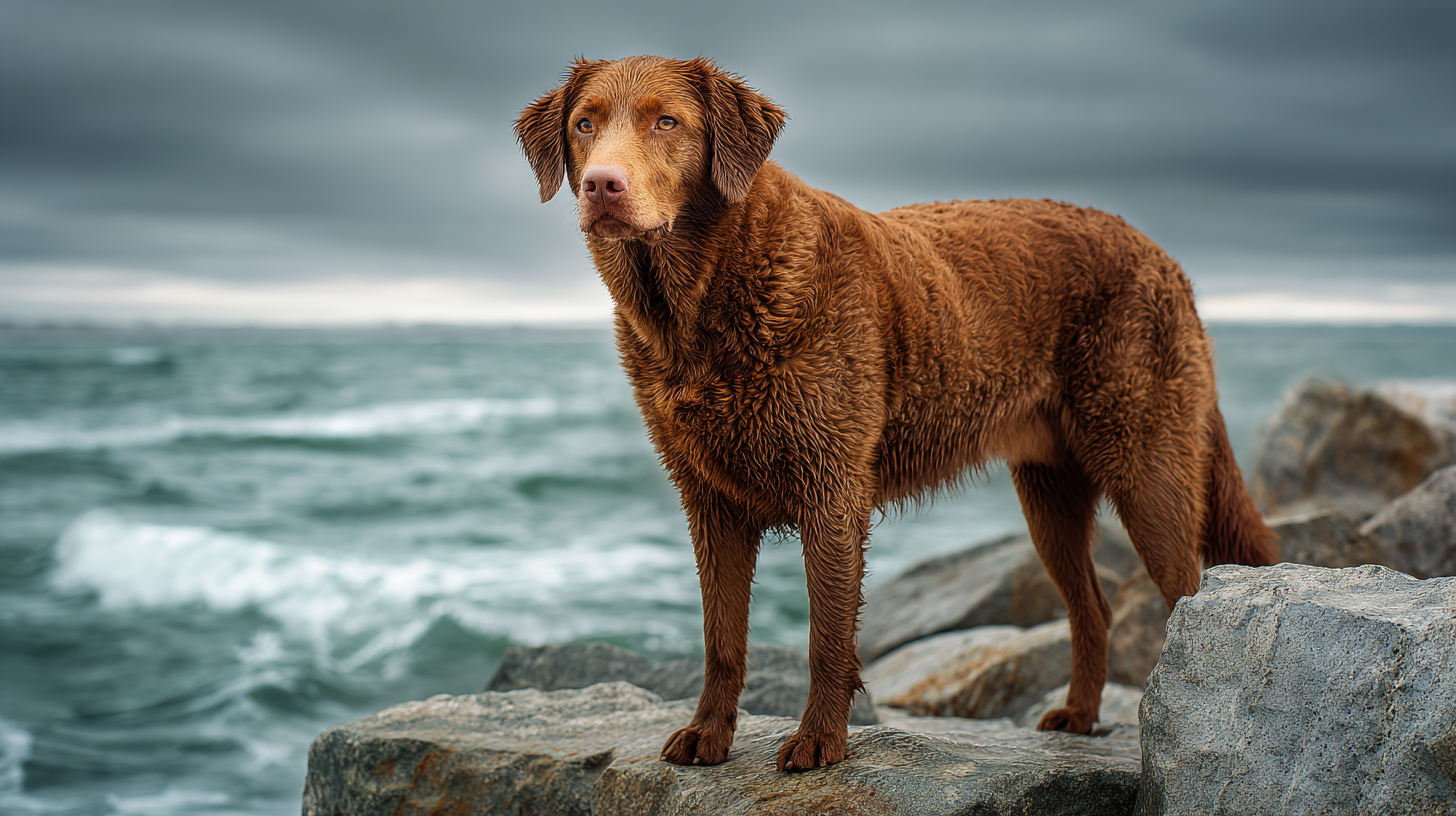 Chesapeake Bay Retriever dog standing on a rocky shoreline