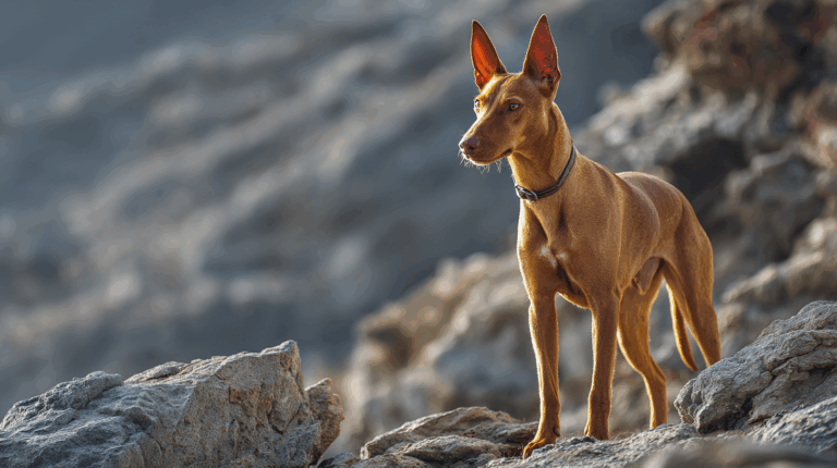 Cirneco dell’Etna dog standing on rocky volcanic terrain in Sicily