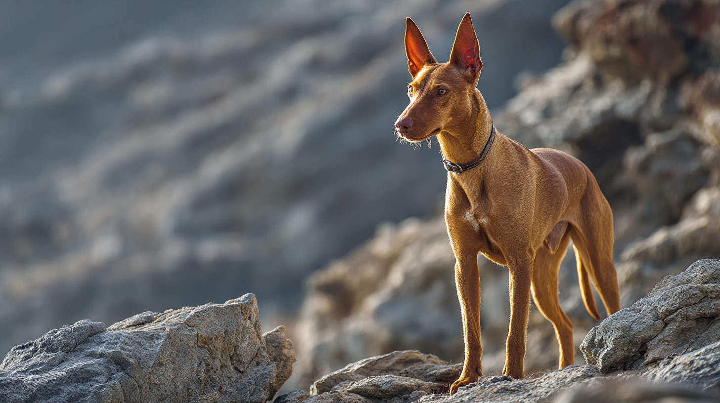 Cirneco dell’Etna dog standing on rocky volcanic terrain in Sicily
