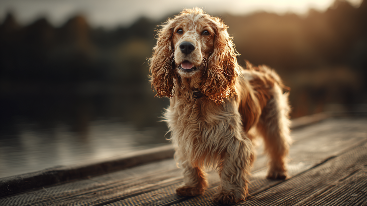 Cocker Spaniel standing on a wooden dock