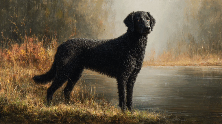 Curly-Coated Retriever standing beside a reflective pond, tight black curls