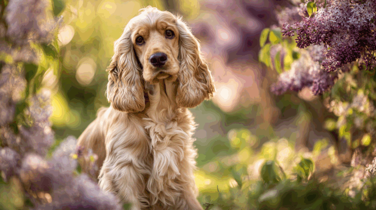 English Cocker Spaniel sitting in a blooming garden