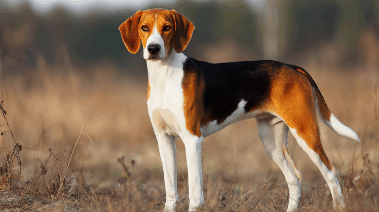 English Foxhound standing in an open countryside field, tricolor coat of white, brown, and black