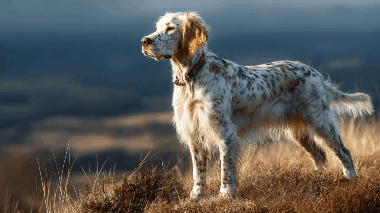 English Setter dog standing on a country hillside