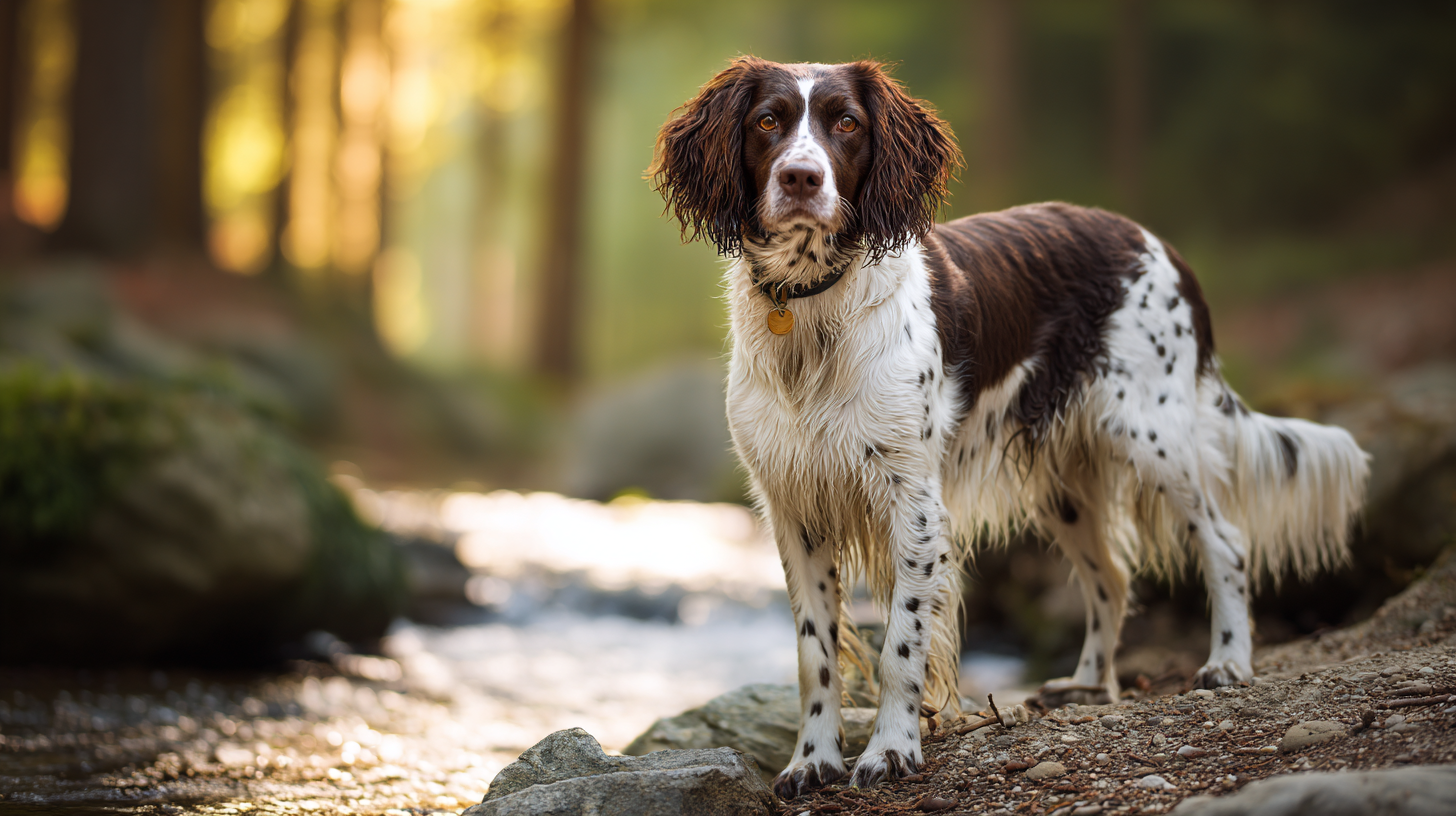 English Springer Spaniel dog standing near a forest stream