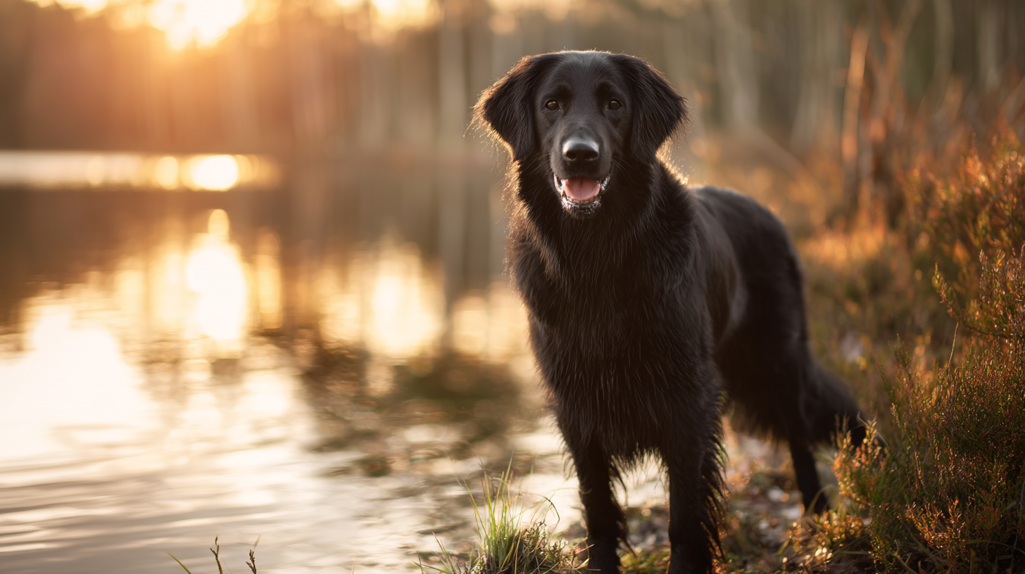 Flat-Coated Retriever standing beside a calm lake, glossy black coat, happy and playful expression