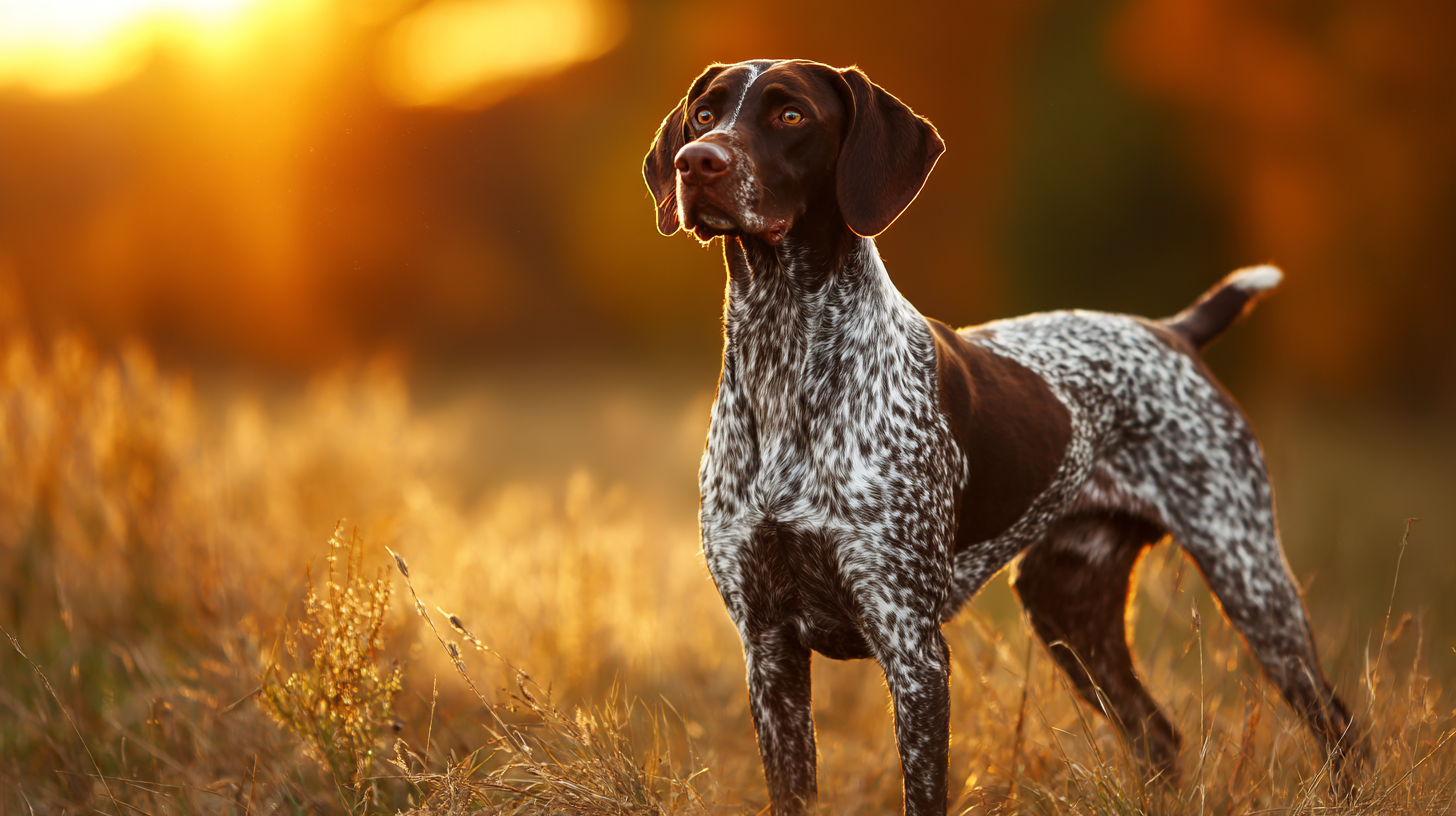 German Shorthaired Pointer standing in a grassy field during golden hour