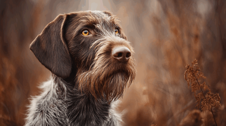 German Wirehaired Pointer in a rugged hunting field, wiry brown and white coat