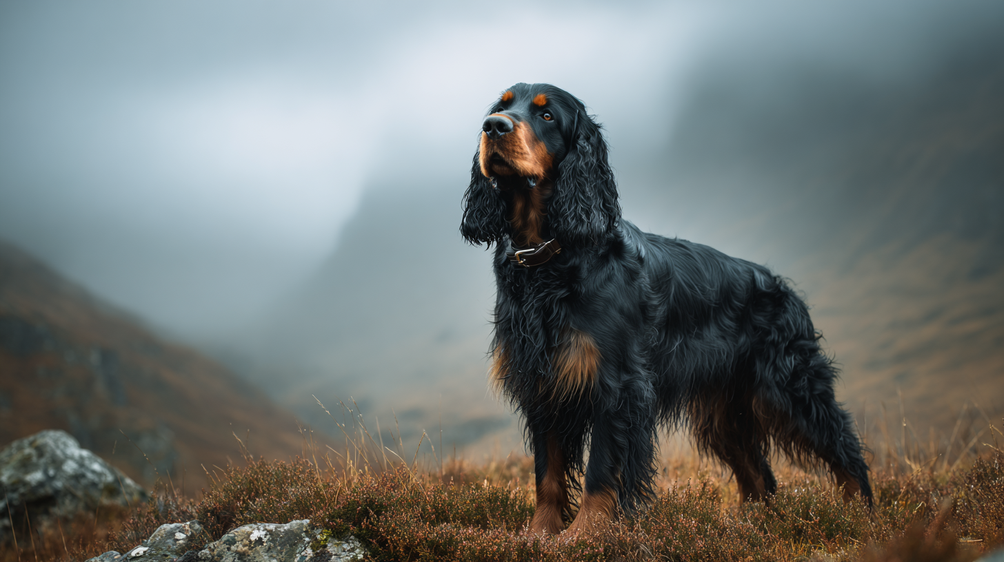 Gordon Setter dog in a misty Scottish highland landscape