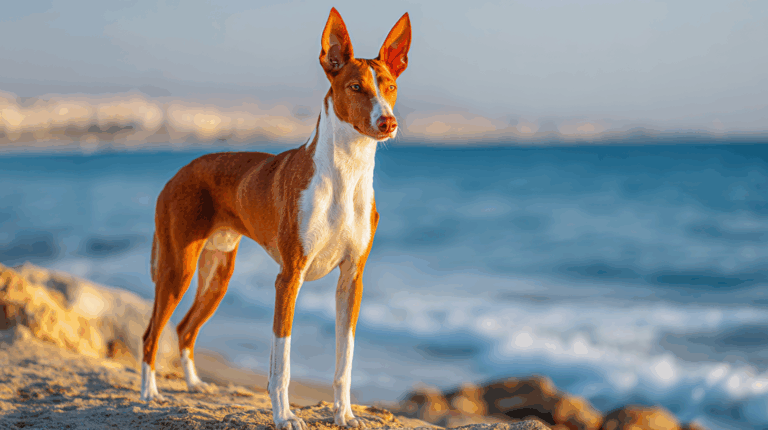 Ibizan Hound dog standing on a sunny Mediterranean beach, sleek red and white coat