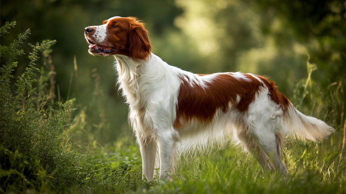 Irish Red and White Setter dog standing in a lush green meadow