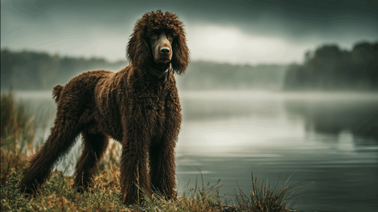 Irish Water Spaniel dog standing near a calm lake, curly dark brown coat, proud and confident build, alert expression, soft diffused light reflecting on water