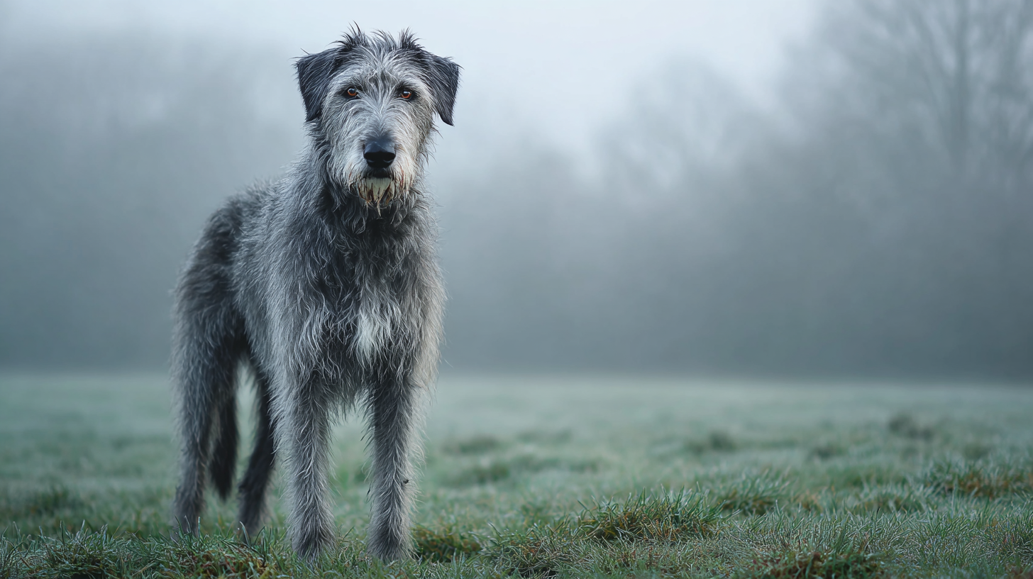 Irish Wolfhound dog standing in a misty green meadow, shaggy gray coat