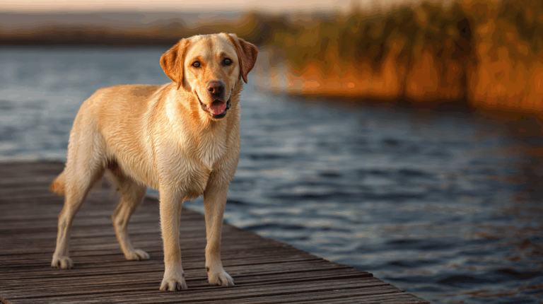 Labrador Retriever dog standing on a dock by the water, golden coat, friendly and happy