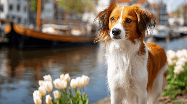 Nederlandse Kooikerhondje dog standing by a calm canal with tulips and boats in the background