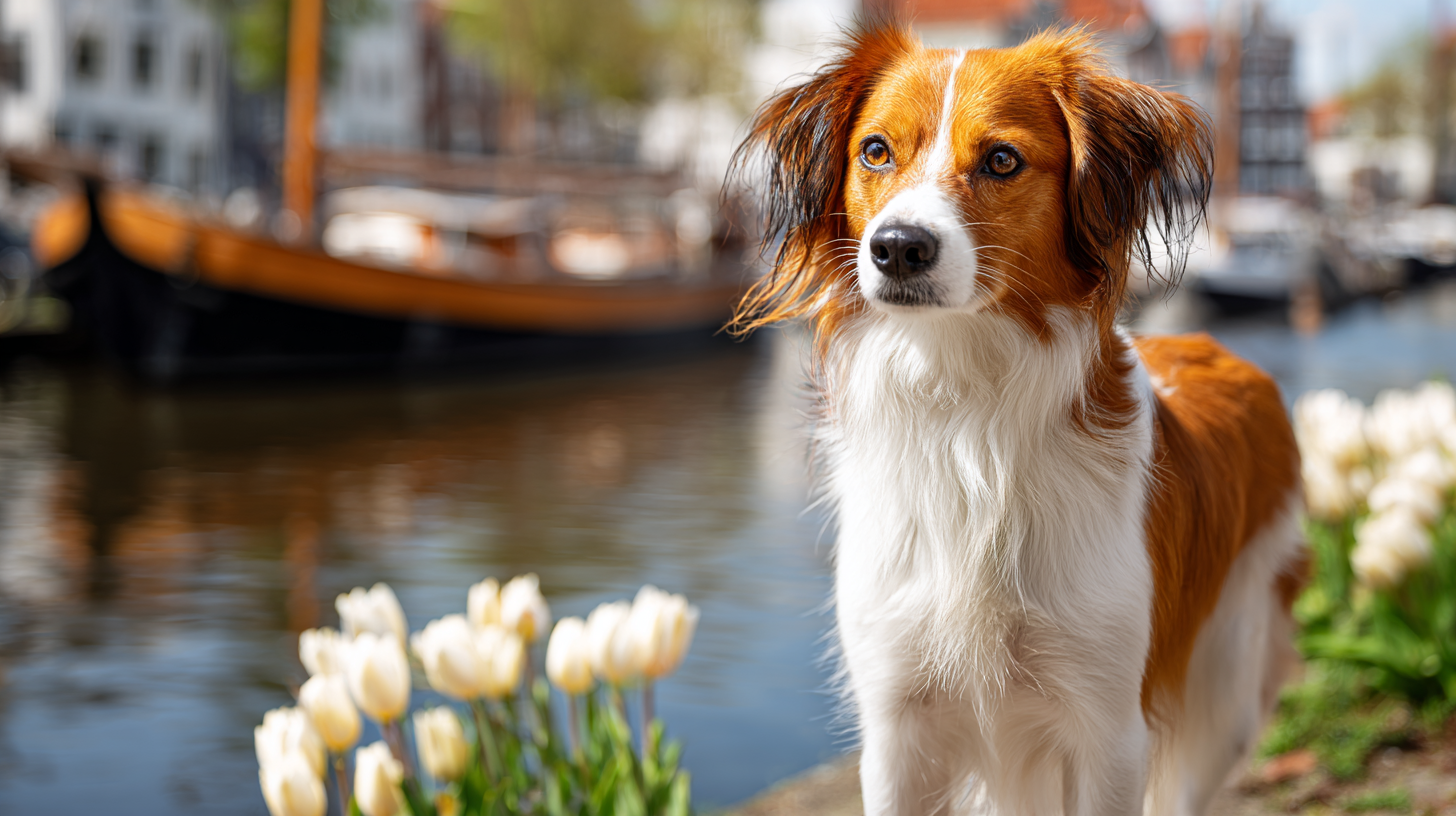 Nederlandse Kooikerhondje dog standing by a calm canal with tulips and boats in the background
