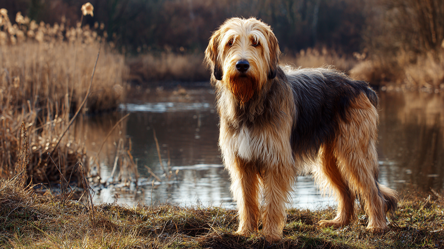 Otterhound dog standing near a quiet riverbank with reeds