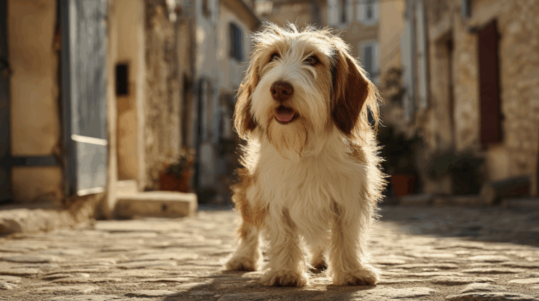 Petit Basset Griffon Vendéen standing on a cobblestone path in a French village