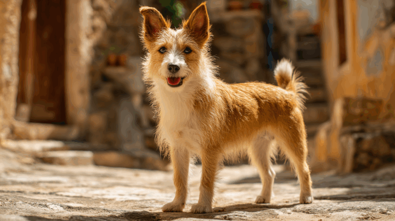 Portuguese Podengo Pequeno dog standing on a sunlit cobblestone street in a coastal village