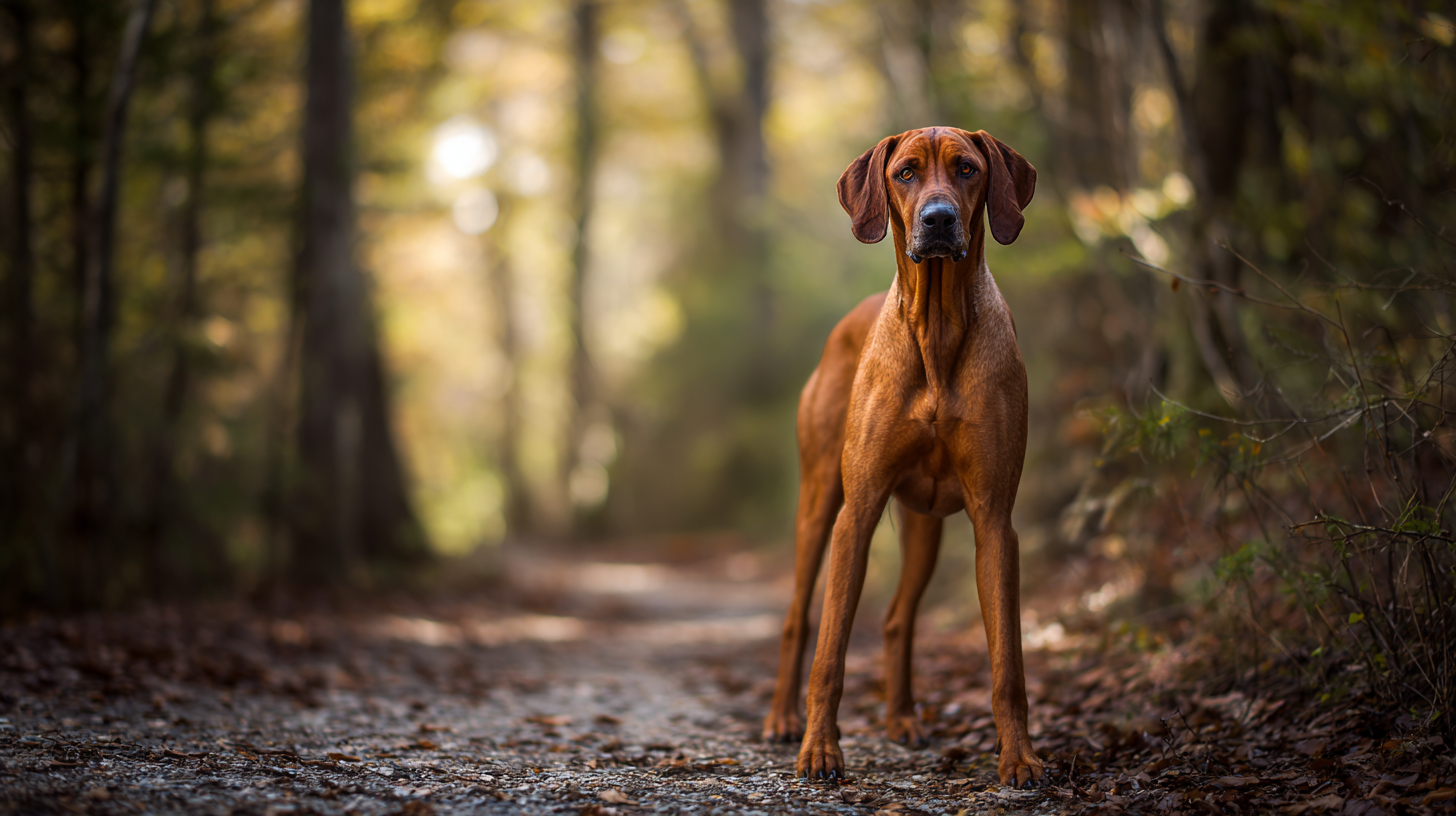 Redbone Coonhound dog standing on a wooded trail in autumn