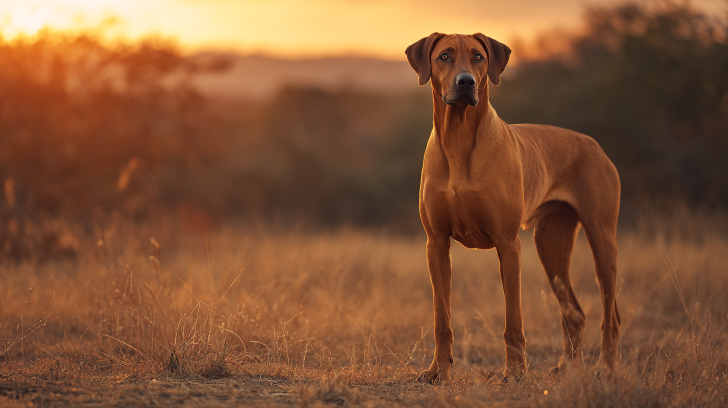 Rhodesian Ridgeback dog standing on a golden savannah at sunset, sleek reddish coat