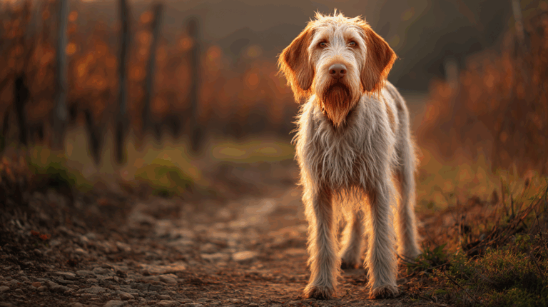 Spinone Italiano dog standing in a rustic vineyard in northern Italy, wiry orange and white coat