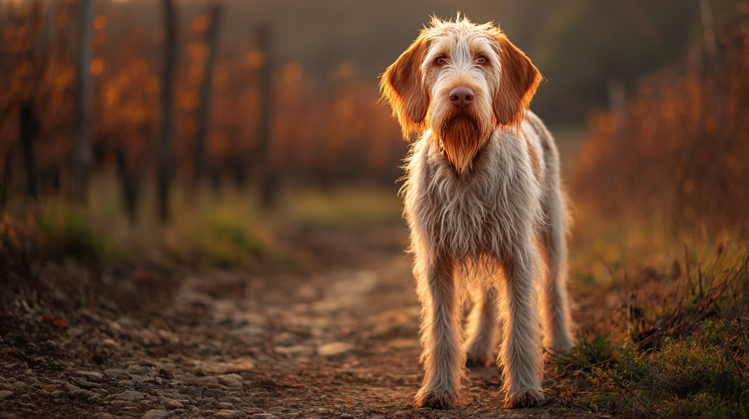 Spinone Italiano dog standing in a rustic vineyard in northern Italy, wiry orange and white coat