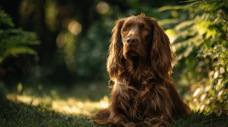 Sussex Spaniel dog sitting in a cozy English garden, golden-liver coat, long ears and gentle eyes