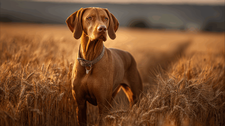 Vizsla dog standing in a sunlit wheat field, sleek golden-rust coat, lean and athletic frame
