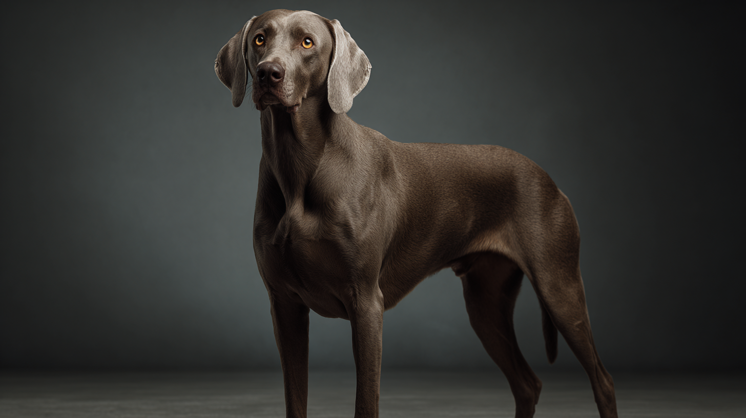 Weimaraner dog standing in a modern minimal studio setting, sleek silver-gray coat