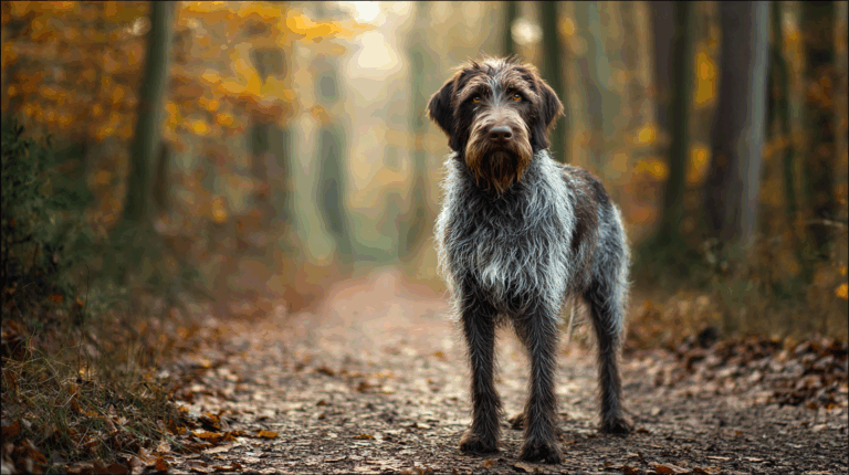 Wirehaired Pointing Griffon dog standing on a forest trail with autumn leaves, wiry gray and brown coat