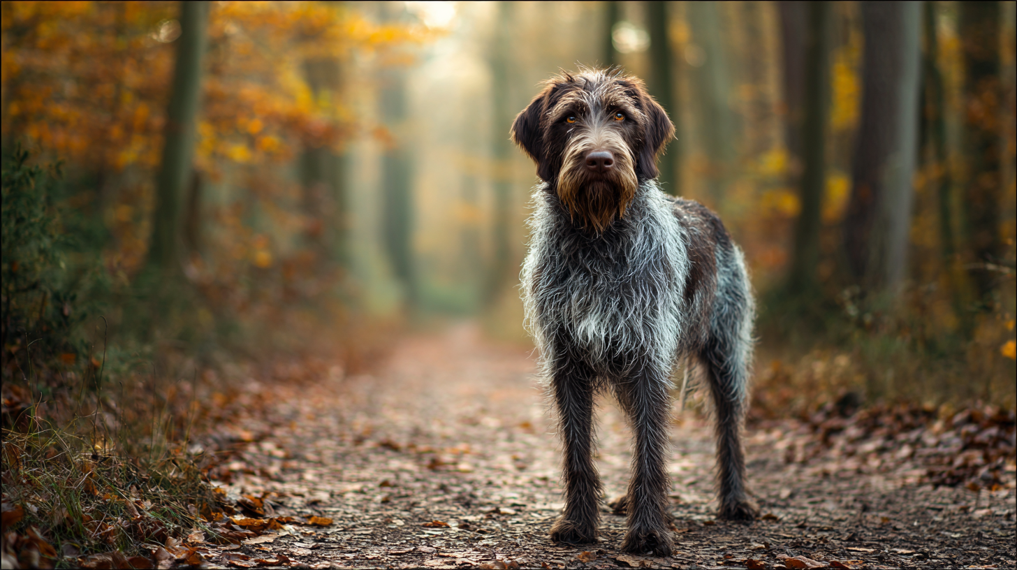 Wirehaired Pointing Griffon dog standing on a forest trail with autumn leaves, wiry gray and brown coat