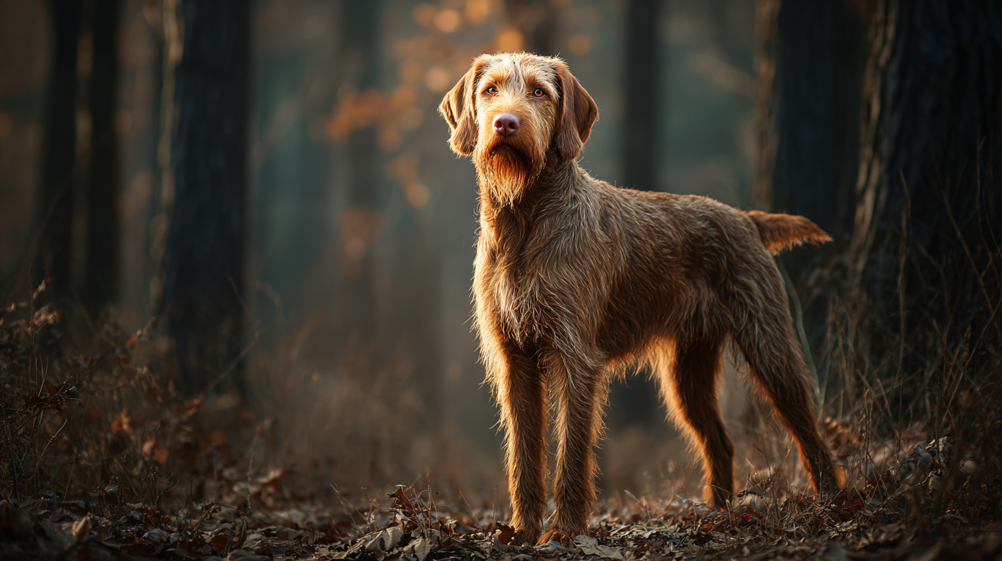 Wirehaired Vizsla dog standing in a fall forest, wiry golden-rust coat