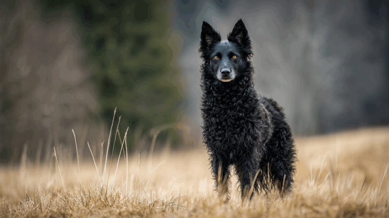 realistic portrait of a Mudi dog standing alert in a grassy field, curly black coat, perked ears, focused intelligent expression, soft natural lighting, detailed fur texture, shallow depth of field, cinematic composition
