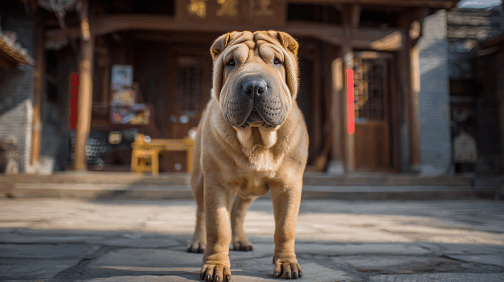 Chinese Shar-Pei dog standing on a stone courtyard with traditional Chinese architecture in the background, fawn wrinkled skin, small ears, broad muzzle, calm and confident